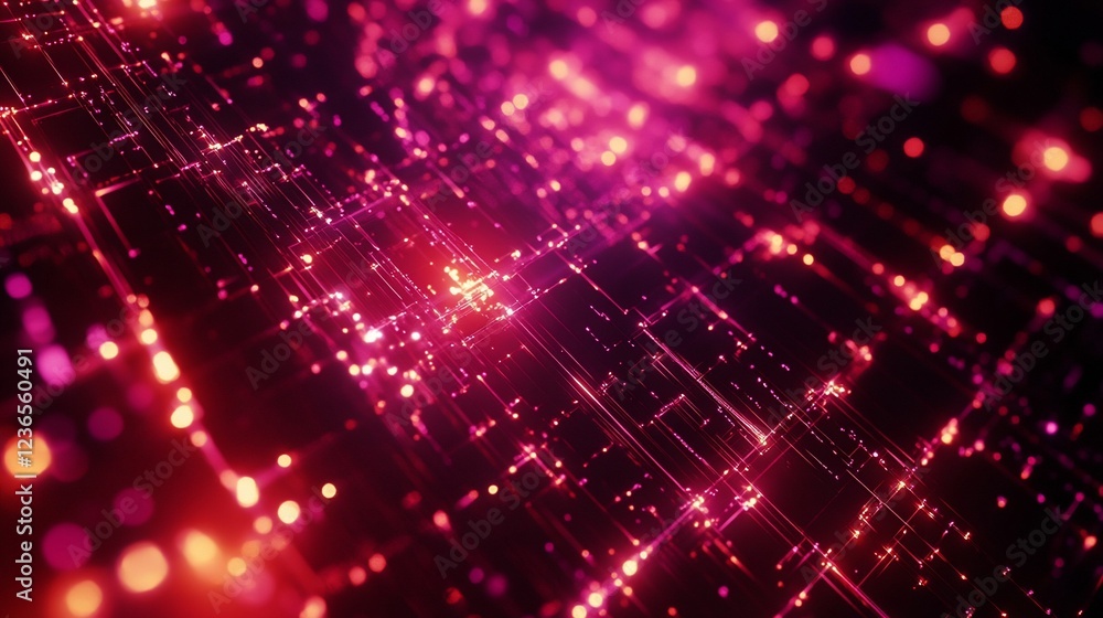Poster abstract glowing network of lines and dots in pink and red digital background