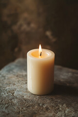A single, lit candle rests on a textured surface, casting a warm glow against a dark background.