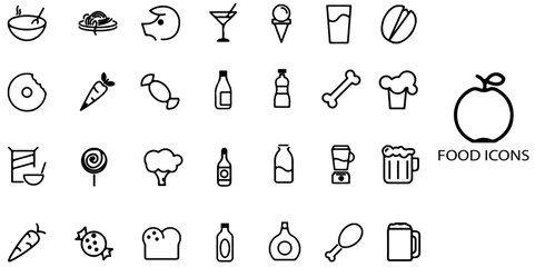 Food simple concept 28 icons set. Contains such shampaing, tea, coffee, noddle, ice-cream, fish finger, fish cutlet, soup etc. Vector illustration.	