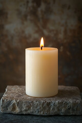 A single candle burns brightly, its warm glow illuminating a rustic stone surface.  A symbol of peace and tranquility.