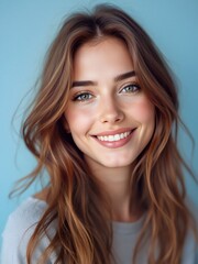 Naklejka premium Happy young woman with long, wavy brown hair, smiling warmly. She wears a light gray top, with a soft blue background. Bright eyes and radiant expression.