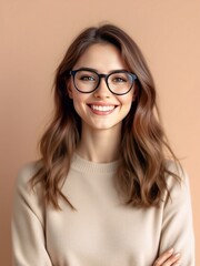 Fototapeta premium Happy young woman with glasses, wavy brown hair, and a beige sweater, smiling confidently. Warm background and soft lighting for a cozy, stylish feel.
