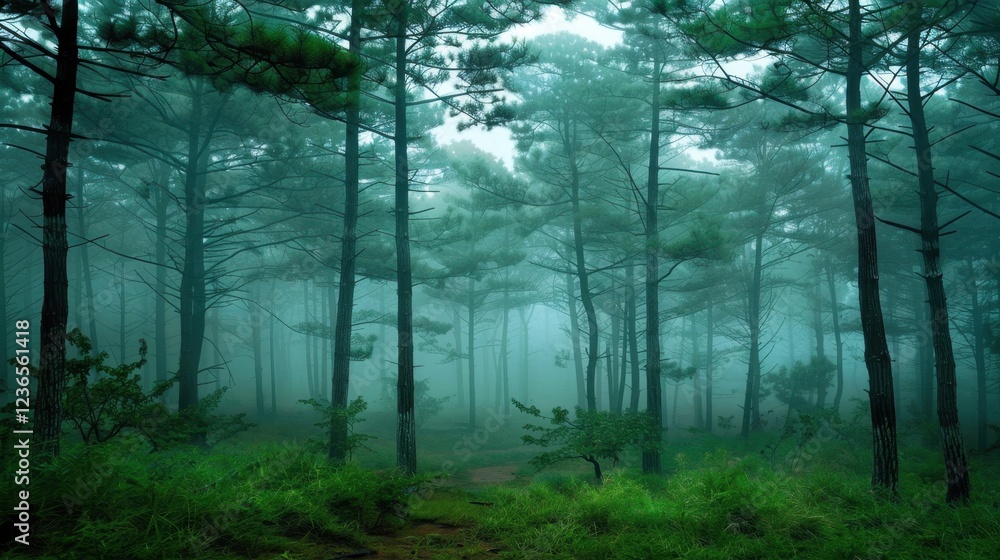 Poster Misty forest landscape with tall pine trees and dense fog creating an enchanting atmosphere in the early morning hours
