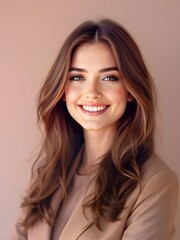 Fototapeta premium Confident young woman with long, wavy brown hair, wearing a beige blazer. Bright smile and soft lighting for a stylish and professional look.