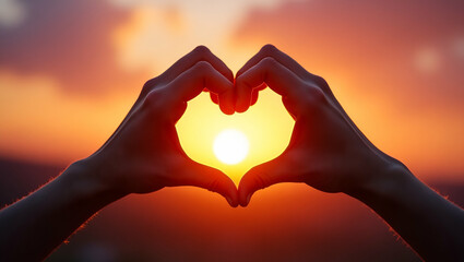 Hands Forming Heart Shape Against Sunset with Forest Silhouette

