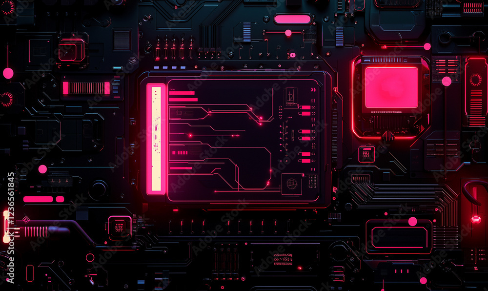 Poster futuristic circuit board with glowing pink elements and intricate details.