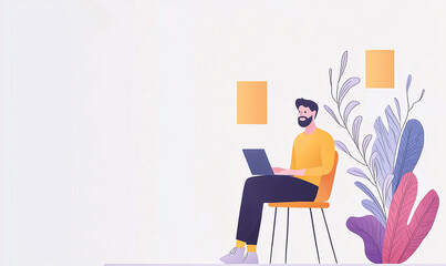 Creative freelance graphic designer working on laptop in minimalist workspace emphasizing productivity and modern aesthetics