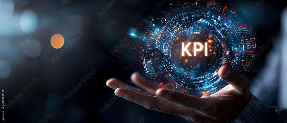 Poster analyzing kpi metrics for business growth digital environment infographic data insight professional 