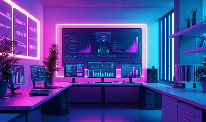 Modern office with vibrant lighting and multiple screens displaying data analytics and graphs.