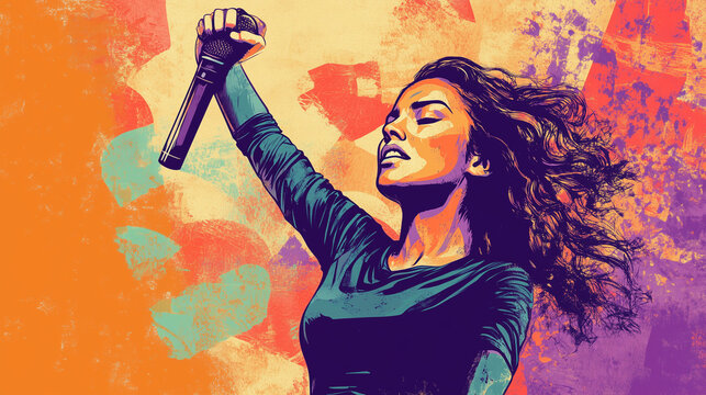 Strong Woman Celebrating International Women's Day with Raised Mic and Bold Typography. AI Generated Images

