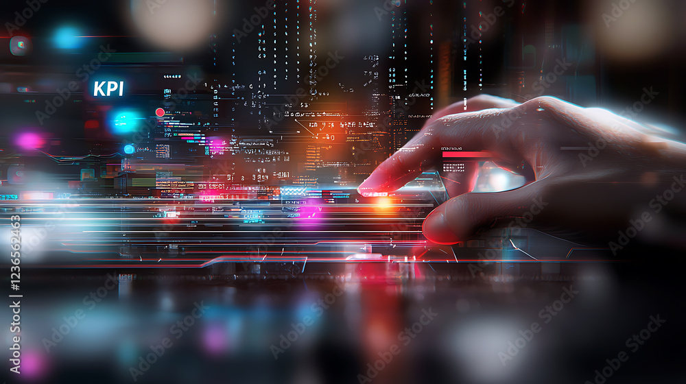Poster data analytics event in a futuristic city digital interface technology environment close-up viewpoin