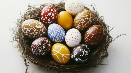 Colorful easter eggs nestling in a bird's nest showcase detailed natural patterns and earthy tones. This charming display evokes the spirit of spring celebrations