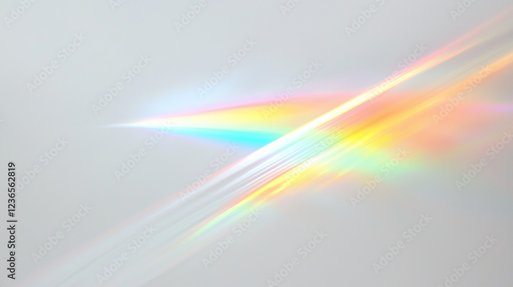 Poster a stunning colorful light spectrum, resembling a rainbow, gracefully arching across a plain light gr