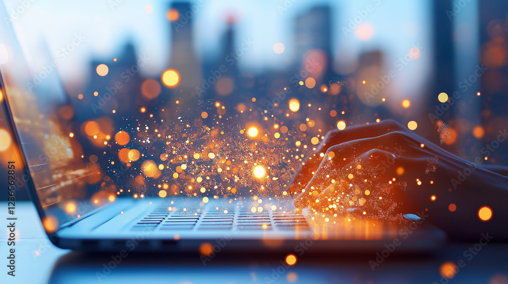 Poster digital spark: hands typing on a laptop keyboard with sparkling digital particles emanating, set aga