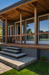 Modern House Exterior Design with Porch and Stone Steps. Contemporary Home Architecture, Real Estate, Residential Property