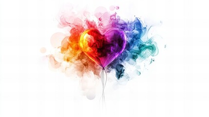 Fototapeta premium Rainbow heart-shaped balloon amidst colorful smoke. Love, joy, celebration.
