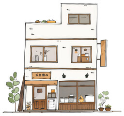 A Charming Two Story Building With Plants And Shop