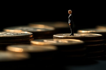 Fototapeta premium Climbing coins with a business person miniature figure on a black background