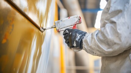 An intense close-up of an industrial painter applying primer on steel beams at a manufacturing plant, Steel structure painting scene, Methodical and protective style