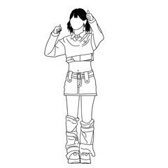 Stylized line art illustration depicting a woman in trendy casual wear, mid-motion with confidence. Outlined with clean lines to create a stylish and contemporary artistic representation.