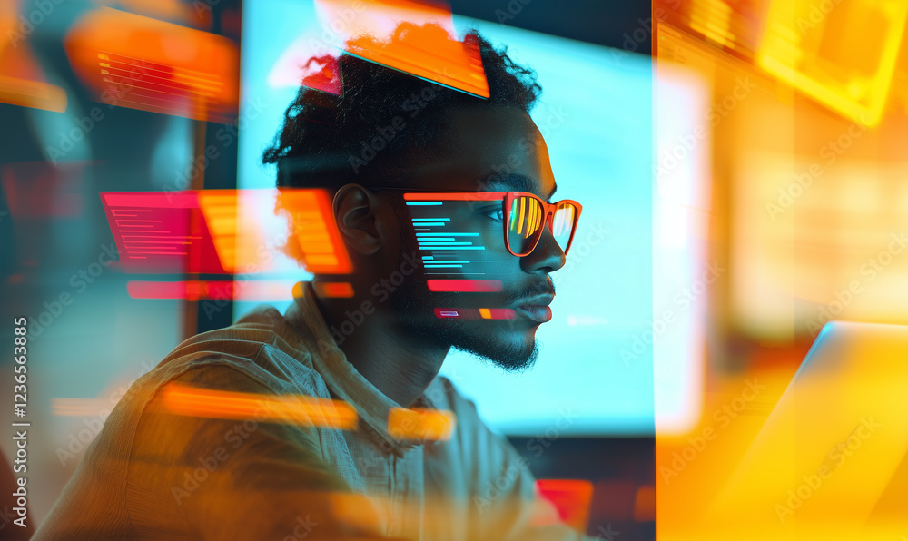 Poster focused individual works on a computer, illuminated by colorful lights and reflections.