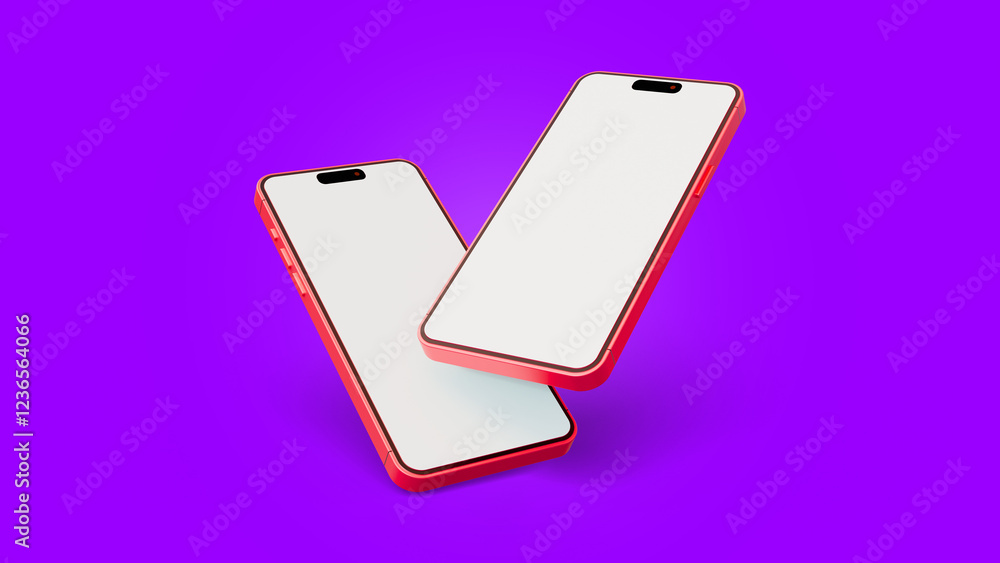 Poster two smartphone realistic blank mockup on purple background. smartphone mockup in rotated position on