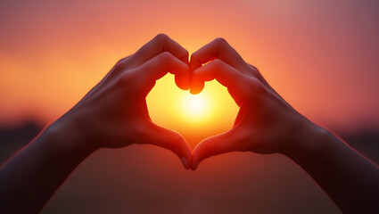 Hands Forming Heart Shape Against Orange and Yellow Sunset Sky

