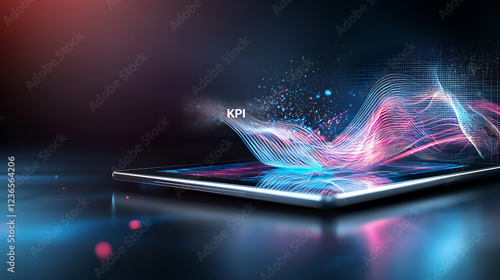 Poster dynamic kpi visualization on tablet modern workspace digital art abstract background close-up view d