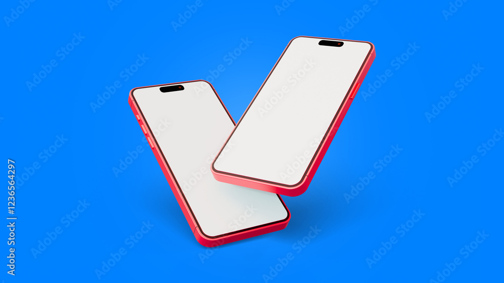 Poster two smartphone realistic blank mockup on blue background. smartphone mockup in rotated position on b