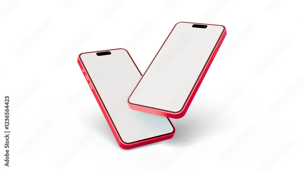Poster two smartphone realistic blank mockup on white background. smartphone mockup in rotated position on 