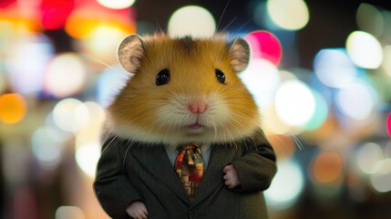A cute hamster wearing a suit and tie, standing in front of the camera, with blurred city lights behind it. The background is blurry.