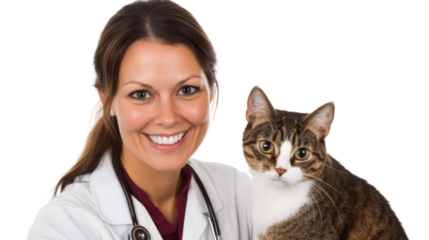 Veterinarian smiling and holding a cat on transparent background