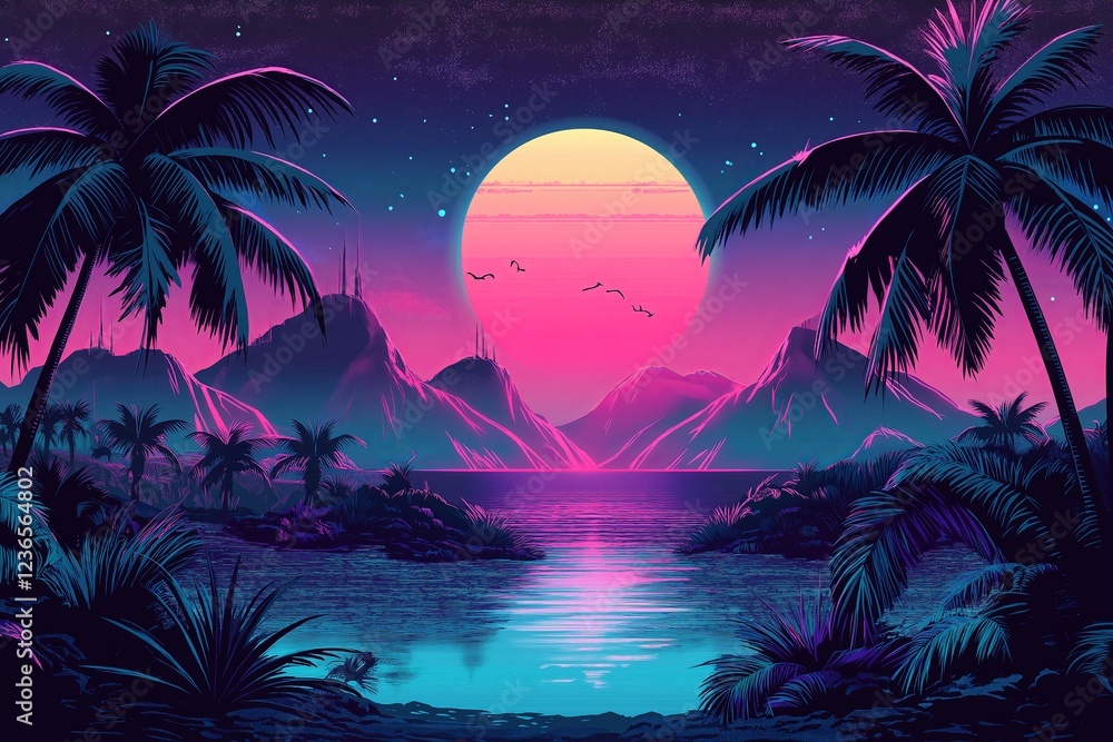 Aufkleber a retro-futuristic 80s sci-fi city with neon palm trees and synthwave vibes