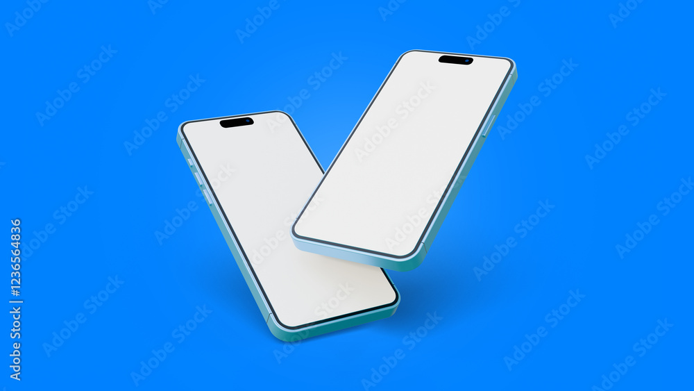 Poster two smartphone realistic blank mockup on blue background. smartphone mockup in rotated position on b
