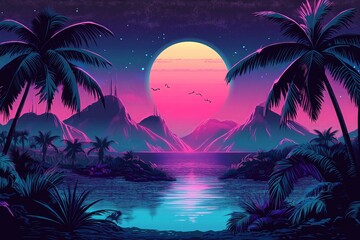 A retro-futuristic 80s sci-fi city with neon palm trees and synthwave vibes