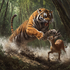 Epic Leap of a Tiger Attacking a Frightened Deer in Mid-Air