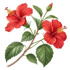 Obraz premium isolated Red Hibiscus Flowers with Green Leaves