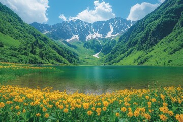 Serene Mountain Lake with Yellow Flowers and Snow Peaks