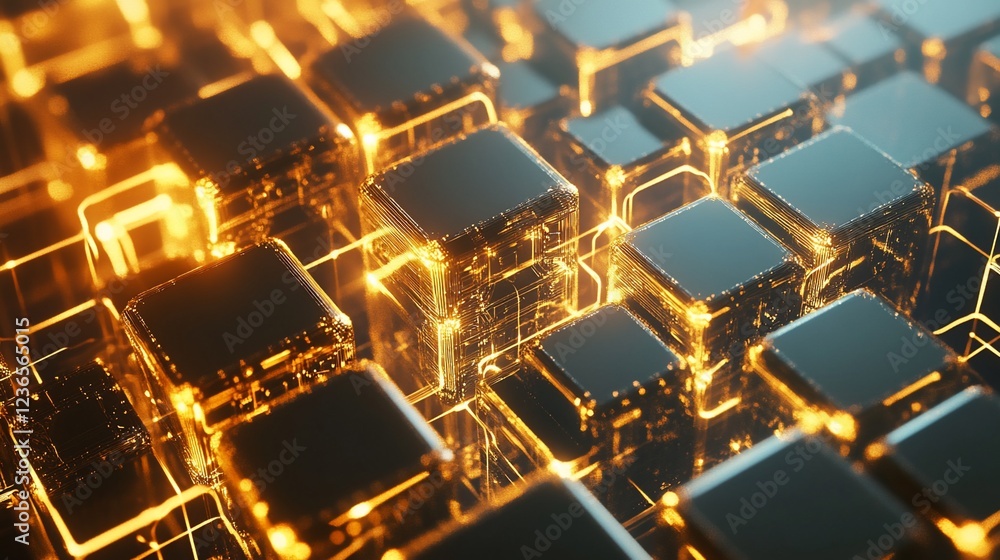 Poster abstract futuristic technology background with glowing geometric network of cubes