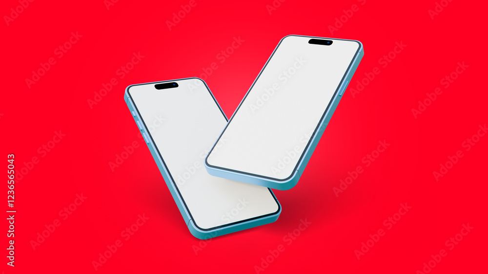 Poster two smartphone realistic blank mockup on red background. smartphone mockup in rotated position on re