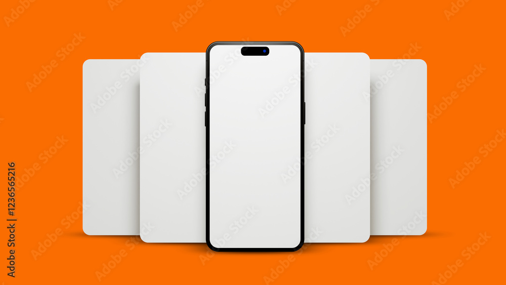 Poster ui or ux smartphone mobile app template mock up on orange background. smartphone and blank frames fo