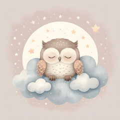 Adorable watercolor owl sleeping on a fluffy cloud with soft pastel stars. A dreamy nursery illustration perfect for baby prints, wall art, greeting cards, and bedtime-themed designs