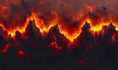 Fototapeta premium Fiery volcanic landscape, lava flows, molten rock, hellish background, ideal for fantasy games