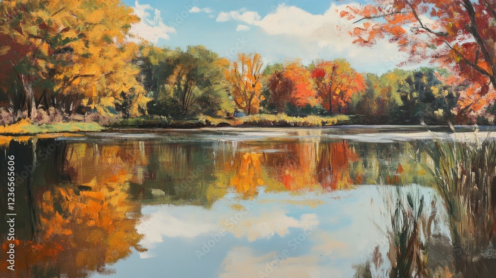 Aufkleber beautiful autumn landscape with colorful trees reflecting on calm lake surface during afternoon ligh