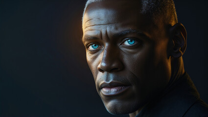 Obraz premium Dramatic Man Portrait Blue Eyes Dark Background Studio Photography