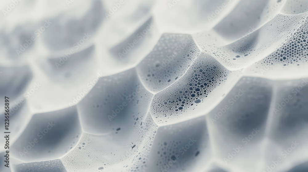 Poster close-up of a textured surface with a honeycomb-like pattern and small air bubbles, exhibiting a coo