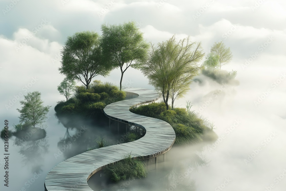 Poster a serene garden in the clouds, floating bridges connecting different islands