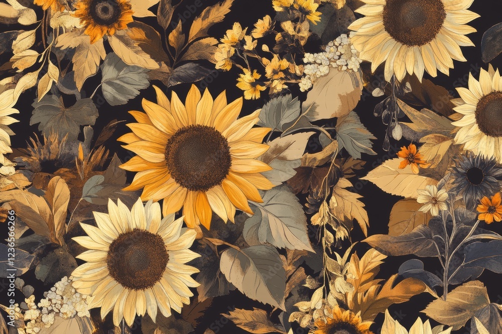 Poster colorful floral pattern featuring sunflowers and abstract shapes in warm tones, ideal for various de