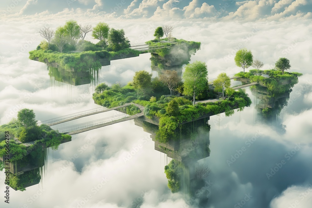Poster a serene garden in the clouds, floating bridges connecting different islands