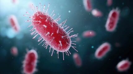 Fototapeta premium Potential Health Effects. Microscopic view of red bacteria with a detailed structure in a dark background.